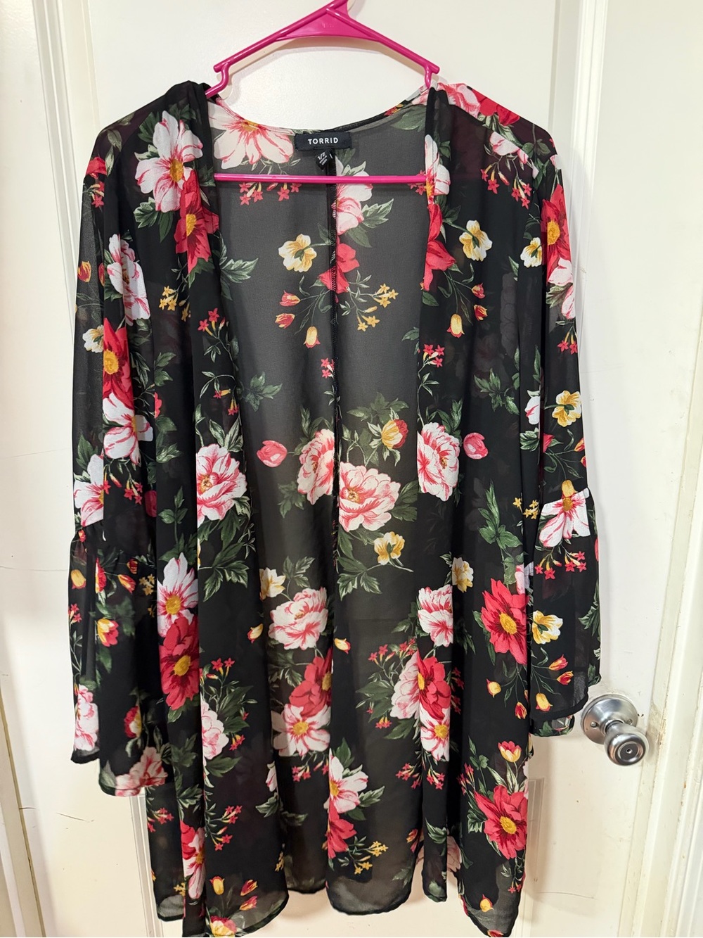 torrid Black Sheer Floral Kimono with Pink & Yellow Blooms